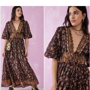 Free People Lynette Maxi Dress Chocolate Small Bohemian Gypsy Bells Fall Floral
